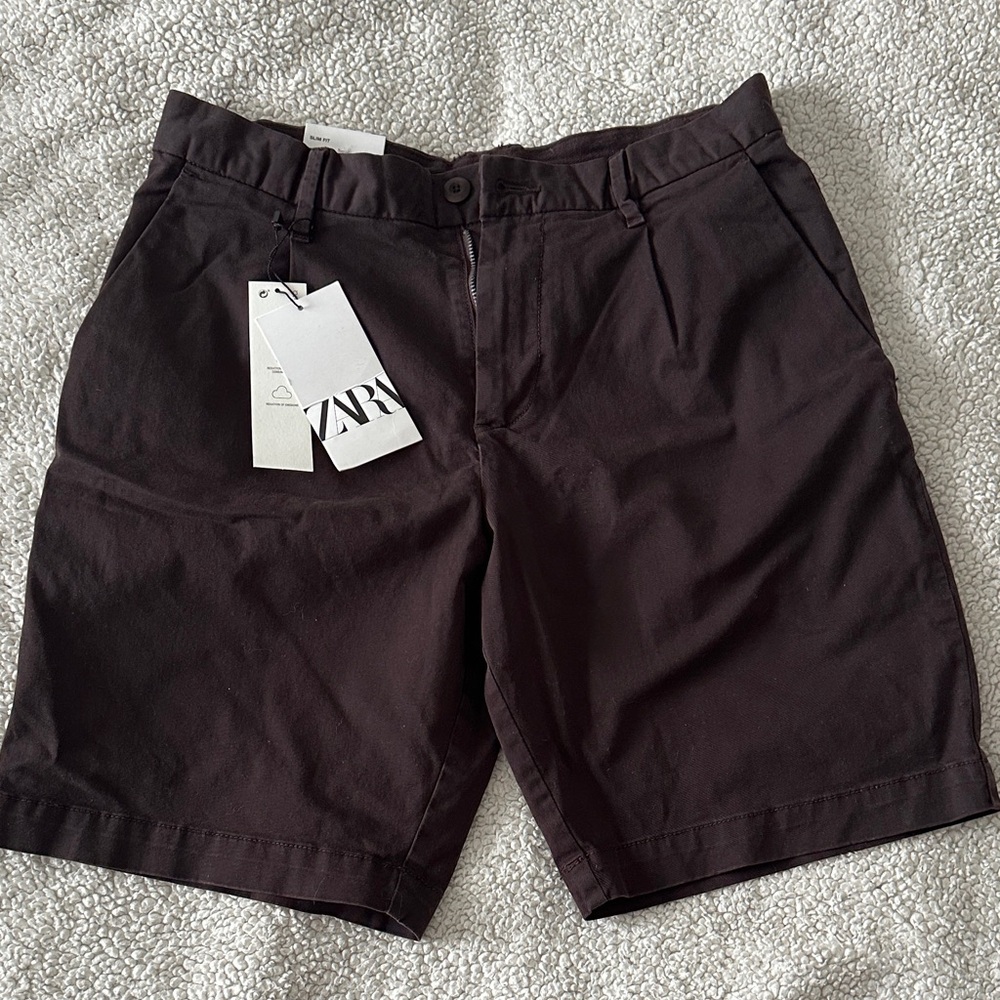 Zara Men's Chocolate Brown Flat Front Shorts